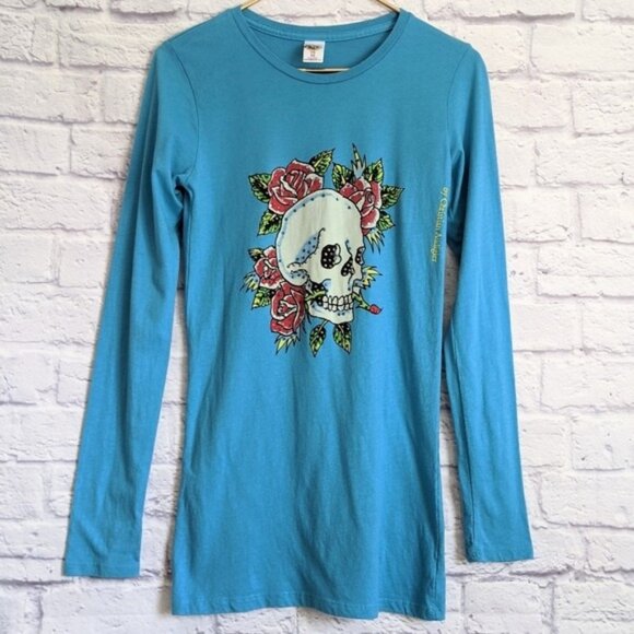 Vintage Ed Hardy Crystal Skull Long Sleeve Tee M Blue Red Roses Y2K Tattoo Style - Picture 1 of 7
